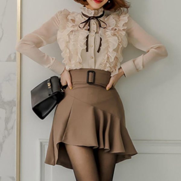 Lettuce mesh transparent irregular skirt suits